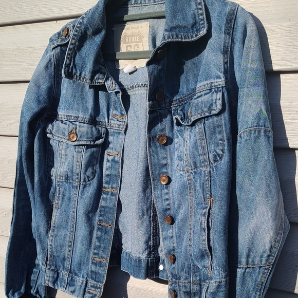 Route 66 Jacket Denim Trucker Distressed Blue Medium Cotton Buttons Pockets XS - Picture 3 of 13